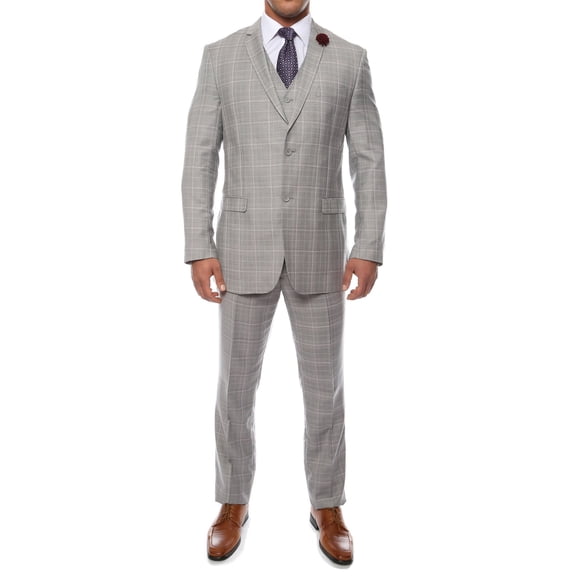 Lazio Light Grey 3pc Vested Slim Fit Plaid Suit