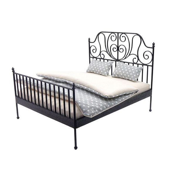 Lazsy 1:12 Scale Double Bed Model European Simulation Dollhouse Decor Pretend Play Toy black