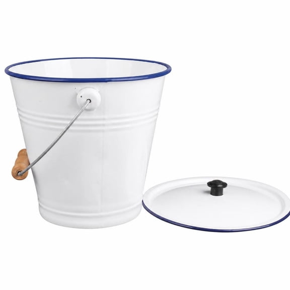 Lazsy 1 Utility Enamel Bucket with Lid and Wooden Grip Metal Construction White Finish Blue Edge 22cm Size for Pantry Organization