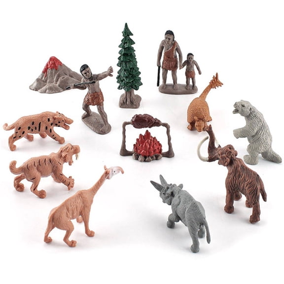 Lazsy 12 Piece Educational Caveman Figure Collection with Tree Volcano Accessories and Prehistoric Beasts for Hands-on Learning Projects