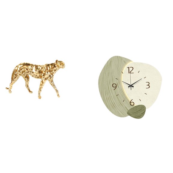 Lazsy Cheetah Figurine Gold Art Desktop Ornament Wall Clock Silent Durable Resin Board Surface Modern Decoration Suitable for Bedroom Kitchen Office Bathroom Counter