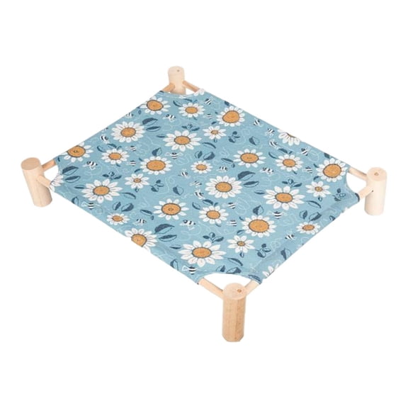 Lazsy Elevated Pet Cot Cooling Cat Lounger Wooden Frame Reversible Cooling and Linen Cover for Indoor Cats and Small Pets