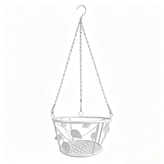 Lazsy Hanging Plant Basket Iron Hanging Planter Flower Pot Shelf with Leaf Pattern And White