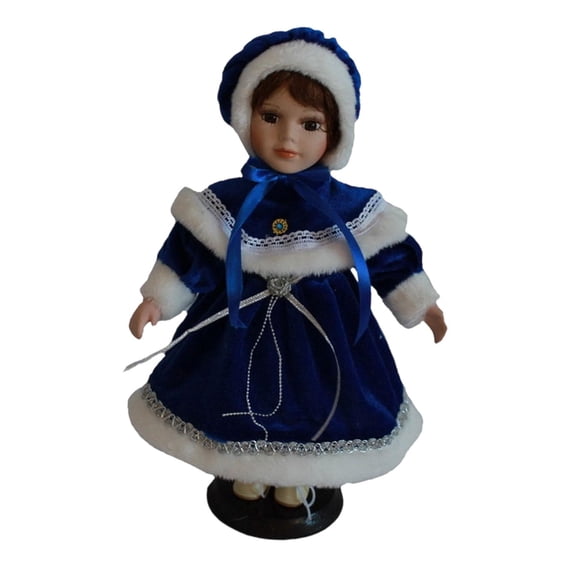 Lazsy Porcelain Doll Dress up Ceramic Doll with Hat with Stand Home Decor Elegant Gift Blue