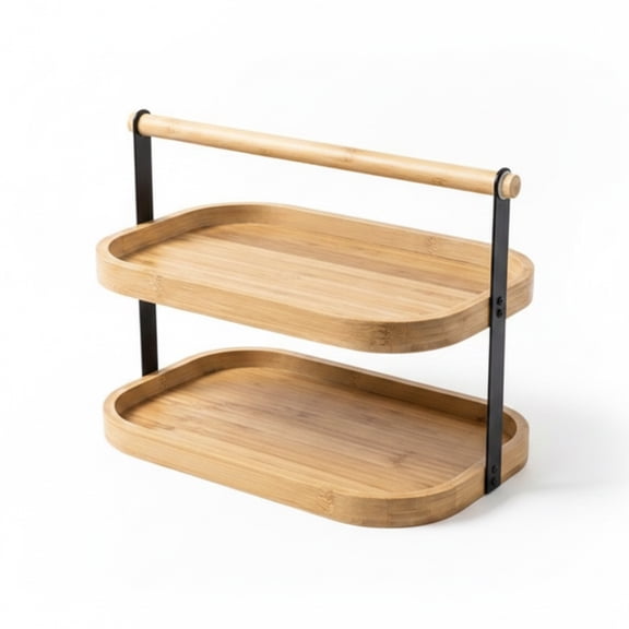 Lazsy Serving Platter with Handles Raised Edges Handled Bamboo Tray Metal Frame Two-Tier Tray, Natural