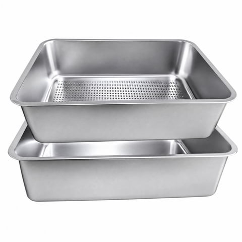 Lazsy Stainless Steel Cat Litter Box Set with Perforated Sifting Tray and Solid Base Open Design for Multi Cat Homes Compact 23.62 Inch Silver Smooth Surface