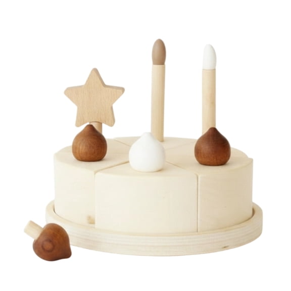 Lazsy Wooden Birthday Cake Pretend Set Toy Cream Wood Finish with Removable Pieces for Kids Playroom and Party Play