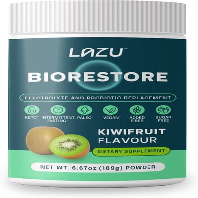 Lazu BioRestore, Keto Electrolytes Powder with probiotics, Fiber, lighty Effervescent, Kiwifruit Flavor, Keto, Low-carb, or Intermittent Fasting. No Sugar, 21 Serves, 6.67oz (186g) per Container