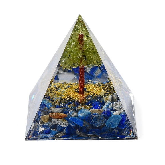 Lazuli Orgonite Pyramid Resin Energy Generators Reiki Natural Lazuli Chips & Wire Wrapped Natural Peridot Tree of Life Inside for Home Office Desk Decoration 59.5x59.5x59.5mm