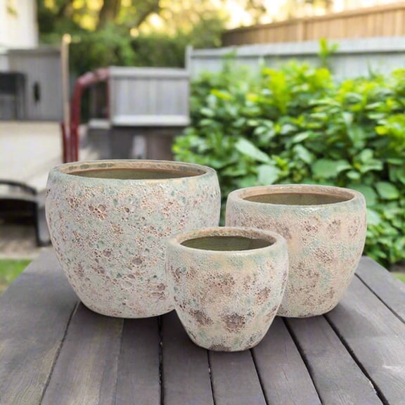 Lazura Teal Lava Cement Planter Set, Textured Ceramic Indoor Outdoor Pots, Set of 3