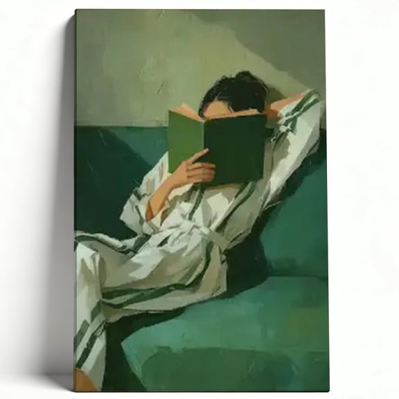 Lazy Afternoon Reading On Green Sofa, Cozy Home Aesthetic Canvas Wall Art 8*12inch(20*30cm)