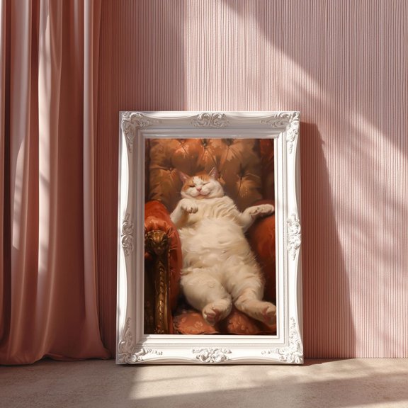 Lazy Cat Art Print: Whimsical Fat Cat In Armchair #1670, Unframed Canvas Size 24x36
