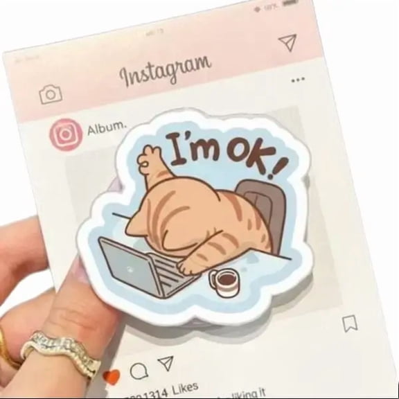 Lazy Cat 'I'm OK!' Magsafe Phone Grip Cute Kawaii Cat Magnetic PopSocket, Fun Work Accessory for Cat Lovers & Office Workers