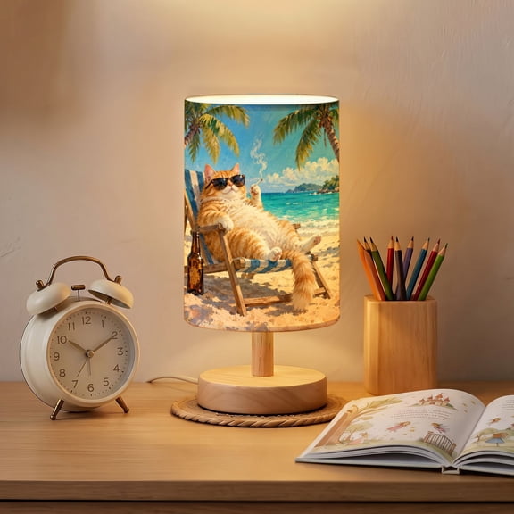 Lazy Cat Relaxing Beach Bedside Table Lamp for Bedroom 16 Color Dimmable Small Desk Lamp Sunglasses Drink Charming Nightstand Lamp with Remote Wooden Base Linen Shade for Gift