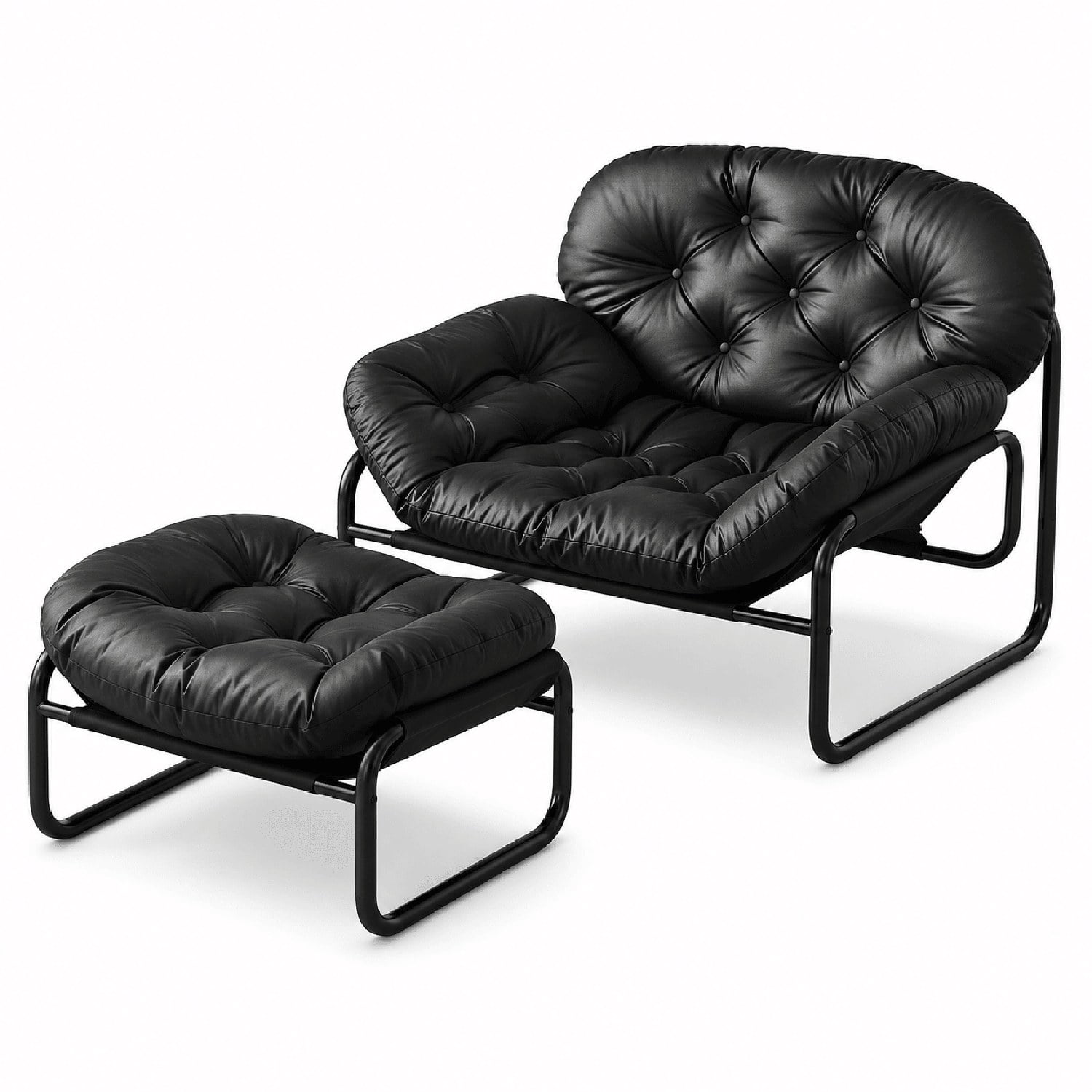 Lazy Chair with Footstool, Thick Cushioned Recliner with Faux Leather Upholstery and Stainless Steel Frame, Ergonomic Accent Chair for Living Room, Bedroom, Dorm
