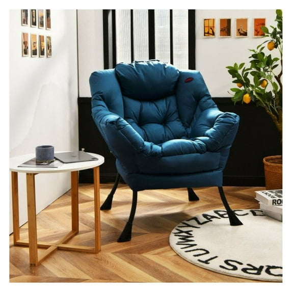 Lazy Chair Modern Polyester Fabric, Steel Frame Accent Chair with Side Pocket - Living Room, Bedroom, Office - 250lbs Capacity, Navy/Gray/Beige