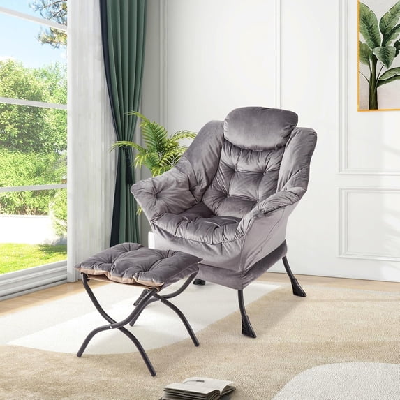 Lazy Chair with Ottoman - 400lb Capacity Lounge Chair, Oversized Reading Armchair with Folding Footrest & Side Pocket, Comfortable Accent Chair for Living Room, Bedroom (Dark Grey)