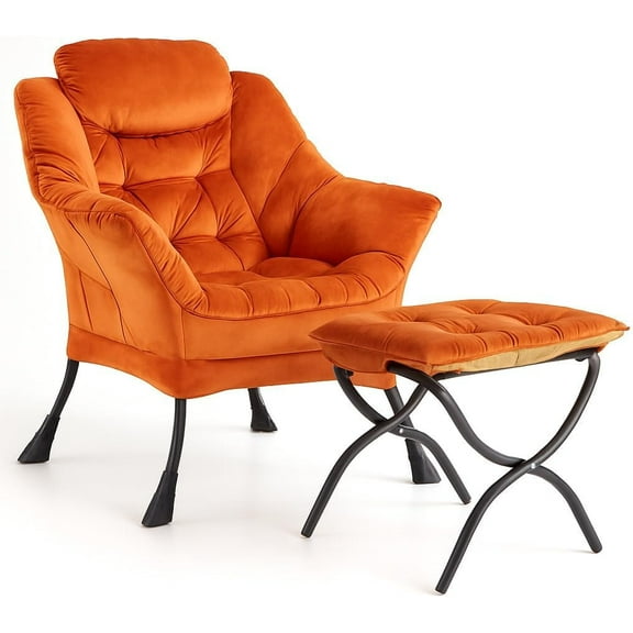 Lazy Chair with Ottoman - 400lb Capacity Lounge Chair, Oversized Reading Armchair with Folding Footrest & Side Pocket, Comfortable Accent Chair for Living Room, Bedroom (Orange)