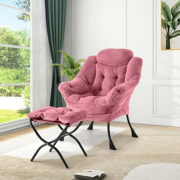 Lazy Chair with Ottoman - 400lb Capacity Lounge Chair, Oversized Reading Armchair with Folding Footrest & Side Pocket, Comfortable Accent Chair for Living Room, Bedroom (Plush Pink)