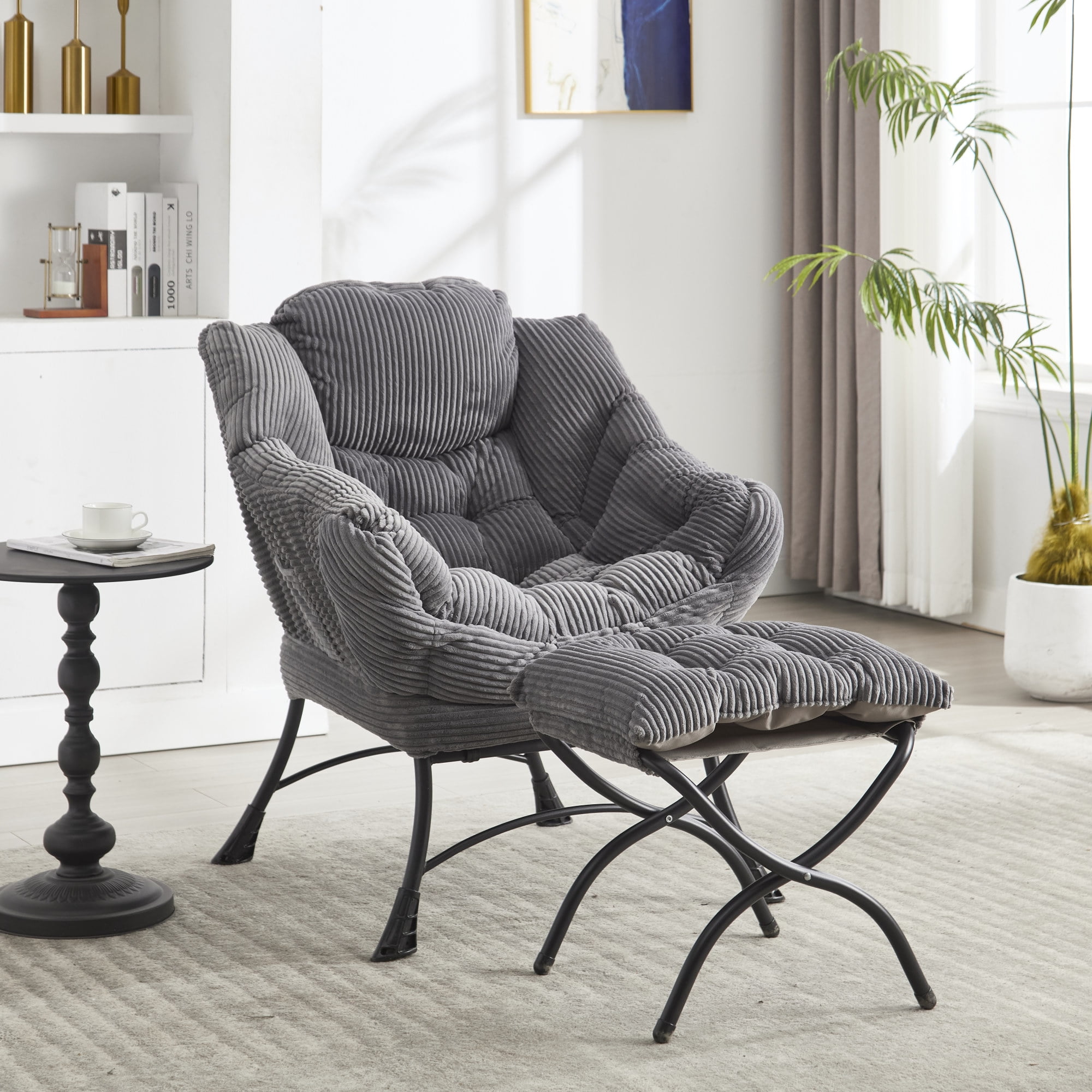 Lazy Chair with Ottoman,Modern Accent Chair with Armrests and a Side Pocket,Upholstered Armchair Sofa Chair Reading Chair with Footrest for Living Room,Gray