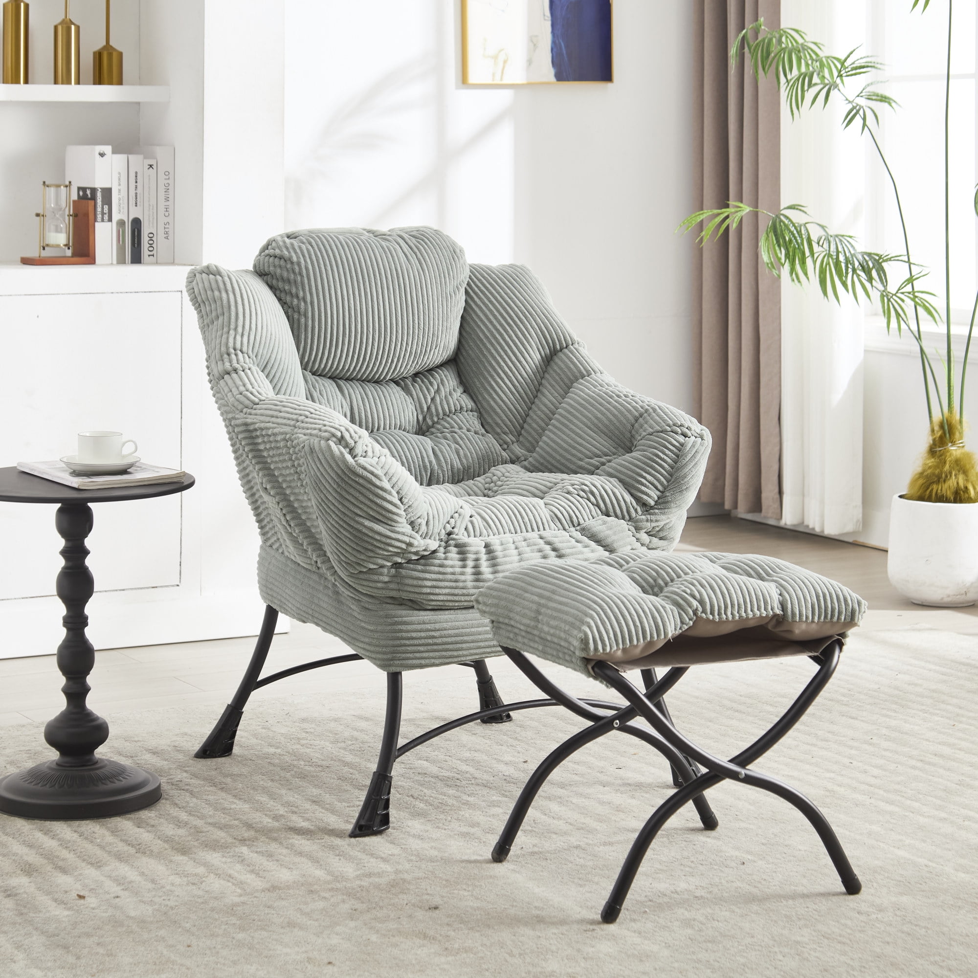Lazy Chair with Ottoman,Modern Accent Chair with Armrests and a Side Pocket,Upholstered Armchair Sofa Chair Reading Chair with Footrest for Living Room,Light Green