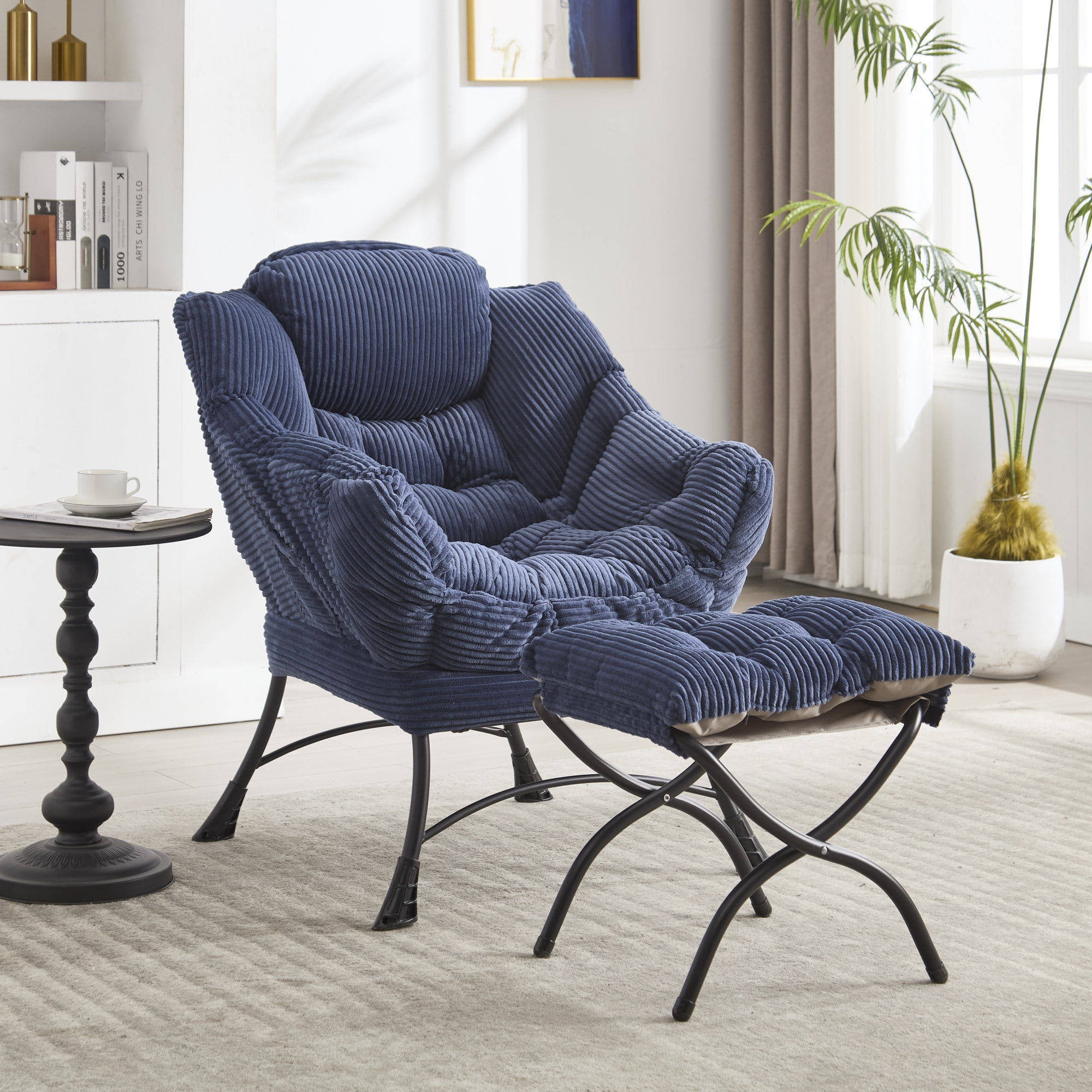 Lazy Chair with Ottoman,Modern Accent Chair with Armrests and a Side Pocket,Upholstered Armchair Sofa Chair Reading Chair with Footrest for Living Room,Navy Blue