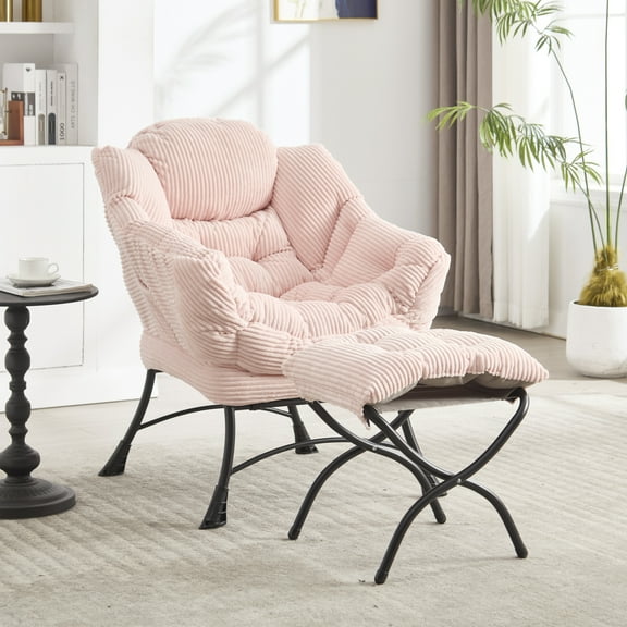 Lazy Chair with Ottoman,Modern Accent Chair with Armrests and a Side Pocket,Upholstered Armchair Sofa Chair Reading Chair with Footrest for Living Room,Pink