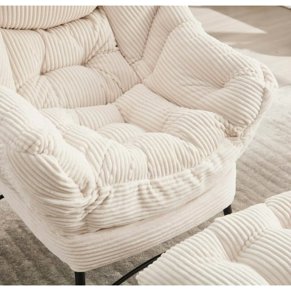 Lazy Chair with Ottoman, Modern Lounge Accent Chair with Armrests and a Side Pocket, Leisure Upholstered Sofa Chair Reading Chair with Footrest for Small Space, Corner Chair-White