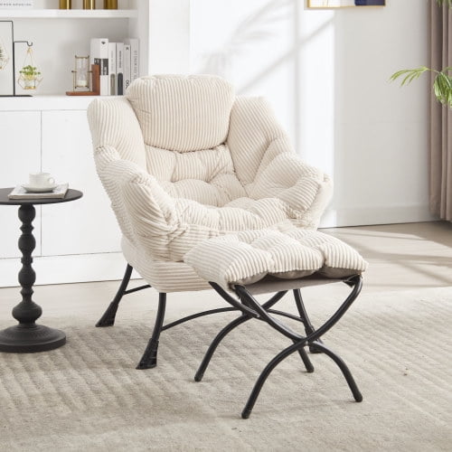 Lazy Chair with Ottoman, Modern Lounge Accent Chair with Armrests & Side Pocket, Upholstered Sofa Reading Chair with Footrest for Small Space, Corner Chair, White