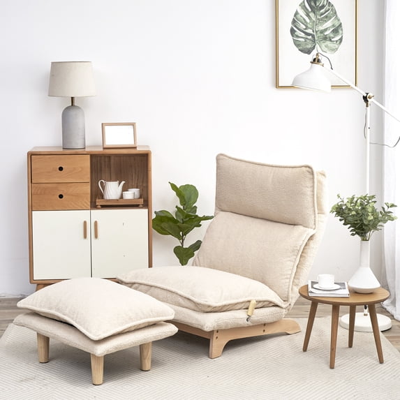 Lazy Chair with Ottoman, Upholstered Accent Lounge Chair with Footstool, Single Sofa Chair with Adjustable Backrest, Foldable Recliner Chair Set for Living Room, Bedroom, Balcony, White