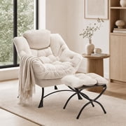 Lazy Chair with Ottoman, Modern Lounge Accent Chair with Armrests, Leisure Upholstered Sofa Chair Reading Chair with Footrest, Corner Chair-White