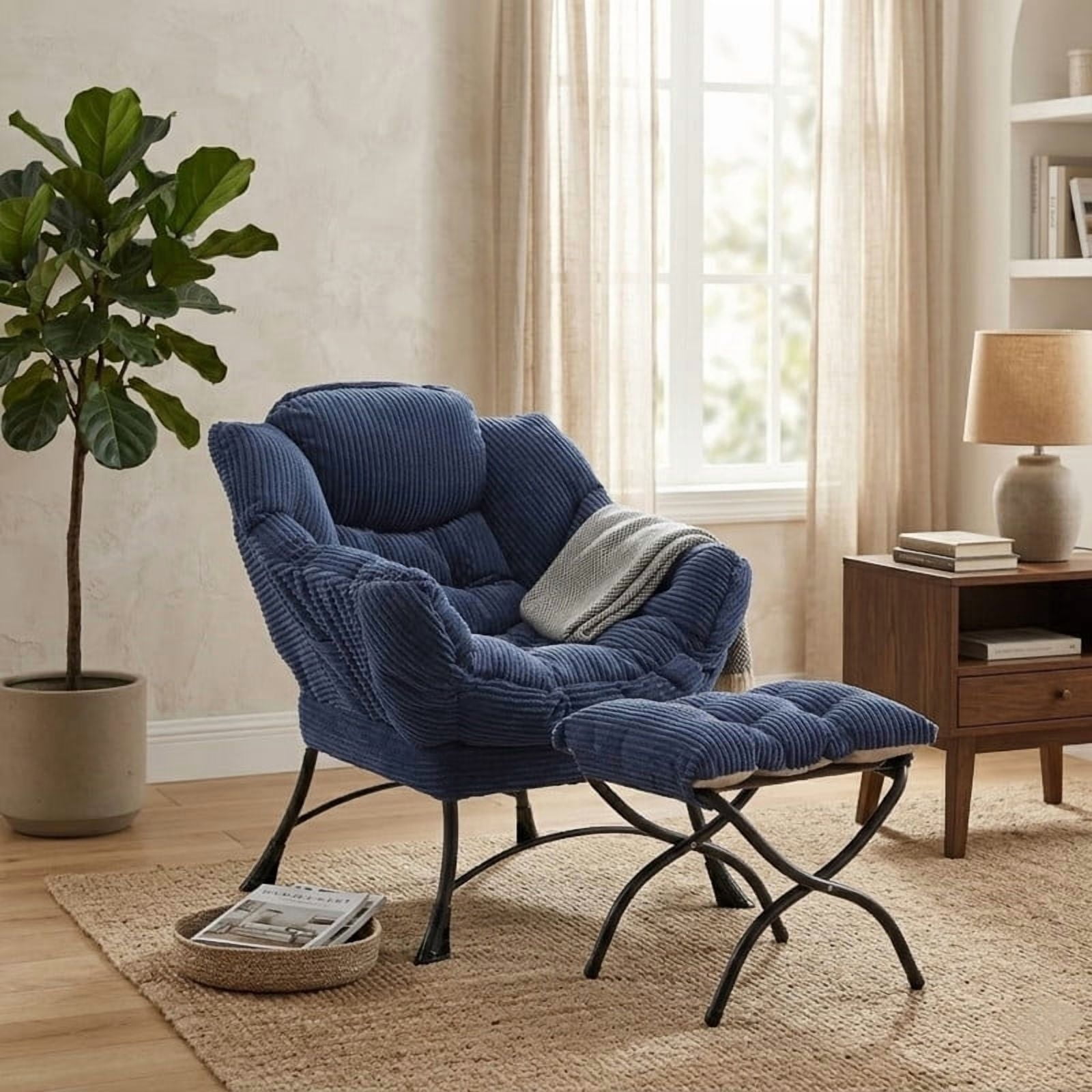 Lazy Chair with Ottoman, Modern Lounge Accent Chair with Armrests and a Side Pocket, Leisure Upholstered Sofa Chair Reading Chair with Footrest