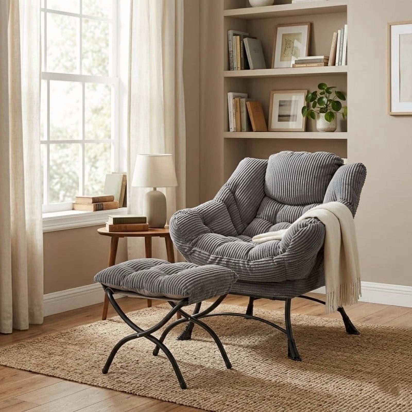 Lazy Chair with Ottoman, Modern Lounge Accent Chair with Armrests and a Side Pocket, Leisure Upholstered Sofa Chair Reading Chair with Footrest