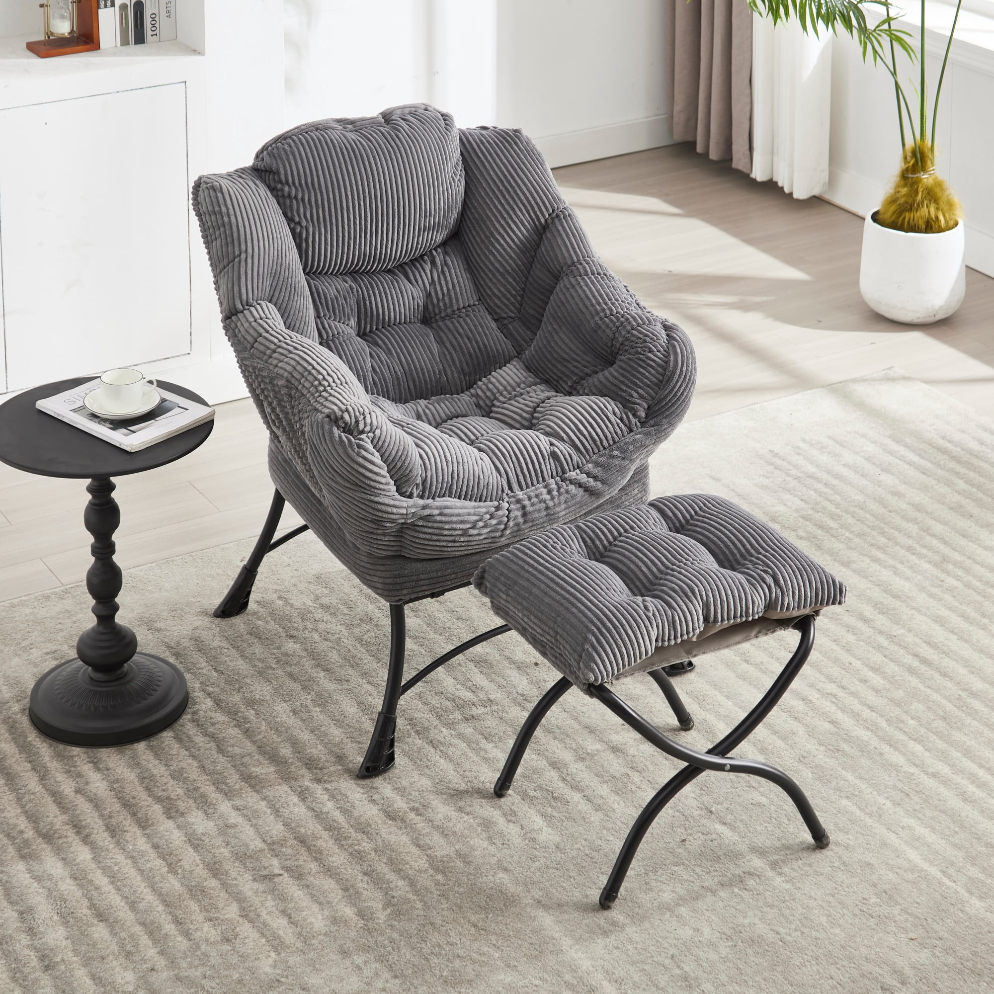 Lazy Chair with Ottoman and Side Pocket, Modern Lounge Accent Chair for Small Space and Reading Corner, Grey