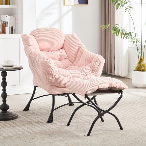 Lazy Chair with Ottoman and Side Pocket, Modern Lounge Accent Chair for Small Space and Reading Corner, Pink
