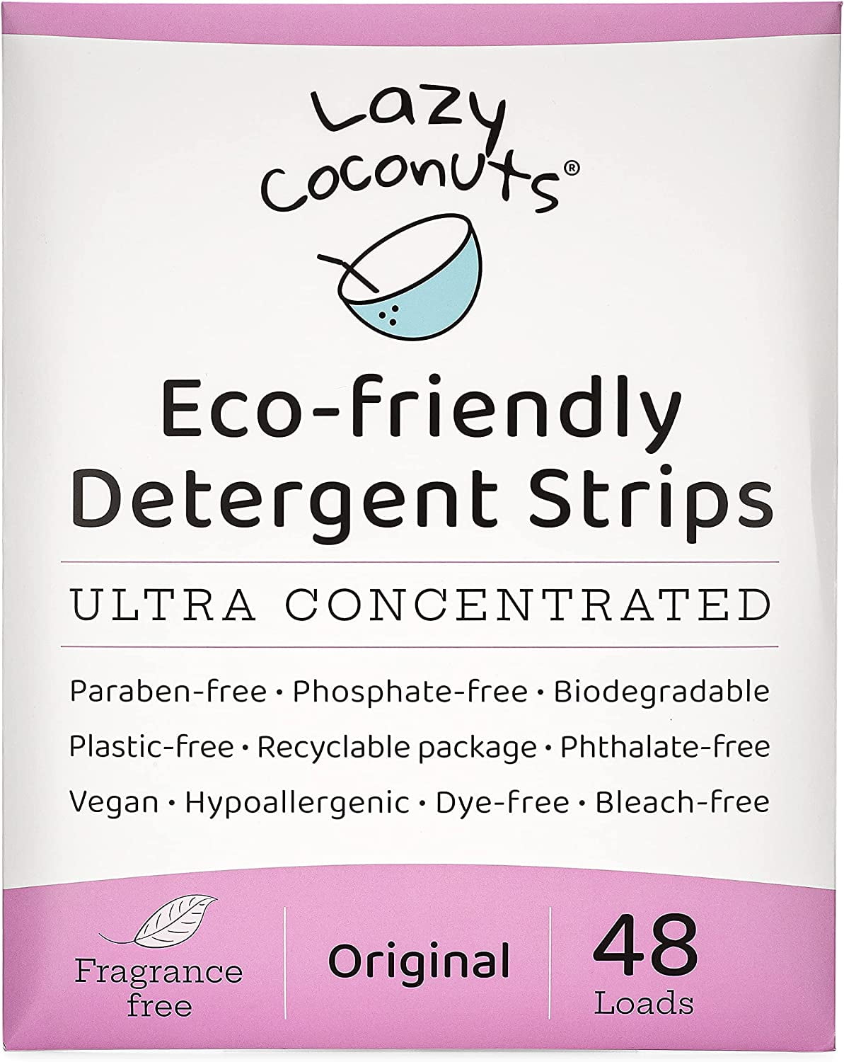 LAZY COCONUTS Eco Friendly, Plant Powered Laundry Detergent Strips - Fragrance Free, Unscented, Ultra Concentrated, Earth Friendly No Plastic - Lightweight For Home, Dorms, Travel, Camping