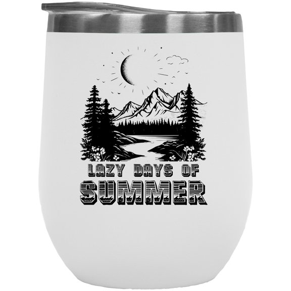 Lazy Days of Summer feat. a Lake and Mountains, Vacation Themed, White 12oz Wine Tumbler