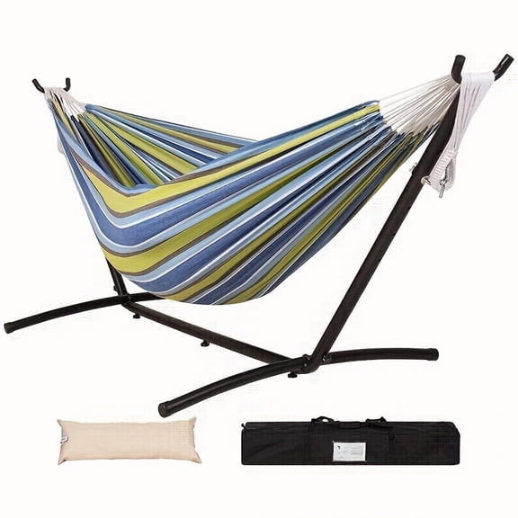 Lazy Daze 450LBS Heavy-Duty Double Hammock with Steel Stand - No Assembly, Wheels+Carry Case+Pillow, Portable for Indoor/Outdoor Patio/Camping
