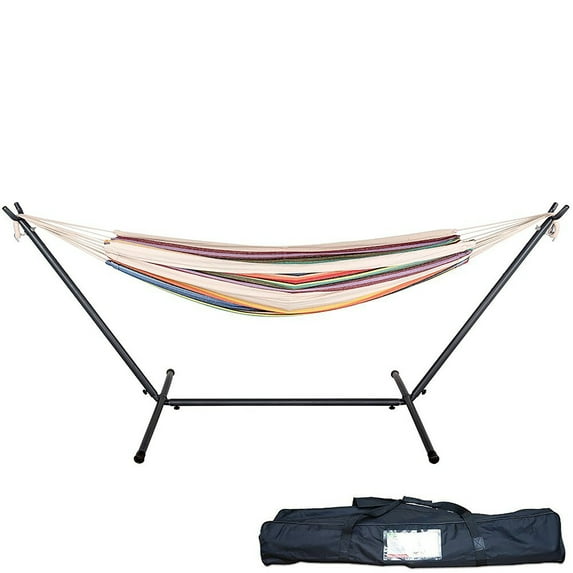 Lazy Daze 9-ft. Brazilian Double Hammock with Stand, Pillow, and Carrying Case, Tan Striped