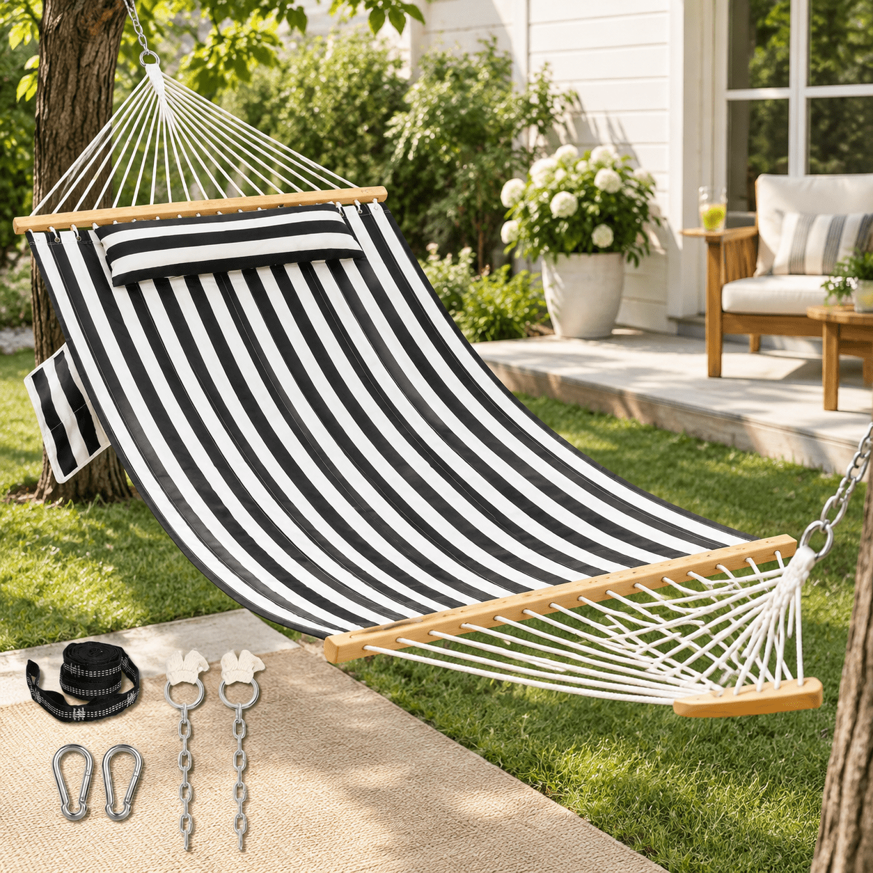 Lazy Daze Double Hammock Withow & Tree Straps For Outside Black White ...
