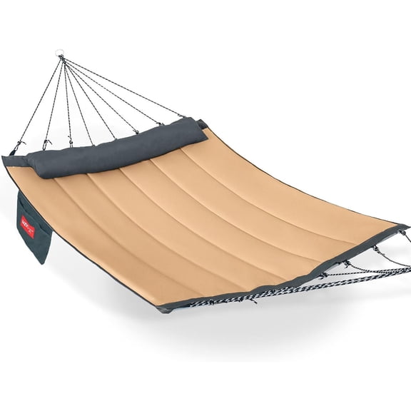 Lazy Daze Hammocks 12 FT Quilted Fabric Hammock with Curved Aluminium Spreaders Bar, Outside Double Thickened Hammock with Soft Pillow, Side Pocket 450 Lbs Capacity for Patio, Poolside, Khaki