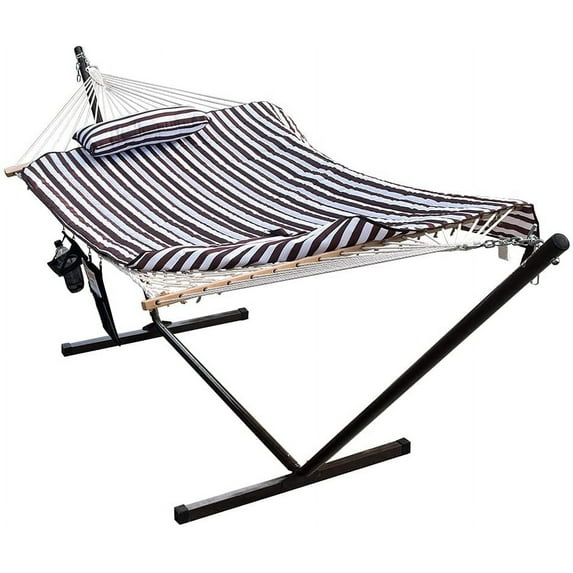 Lazy Daze Hammocks 12 Feet Steel Hammock Stand with Cotton Rope Hammock Combo, Quilted Polyester Hammock Pad, Pillow, Mag Bag and Cup Holde,Brown/White Stripe