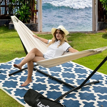 Lazy Daze Hammocks Double Hammock with Built-in Pocket and Space Saving Steel Stand Includes Portable Carrying Case and Head Pillow, 450 Pounds Capacity (Natural)
