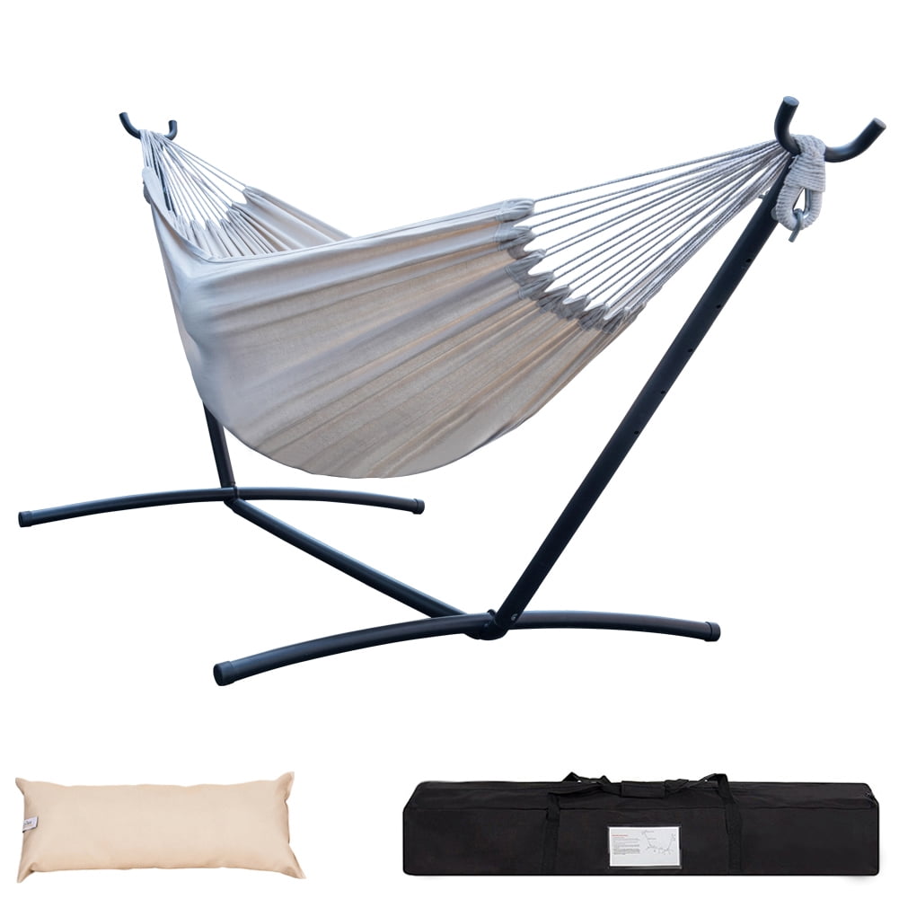 Lazy Daze Hammocks Double Hammock with Built-in Pocket and Space Saving Steel Stand Includes Portable Carrying Case and Head Pillow, 450 Pounds Capacity (Natural)