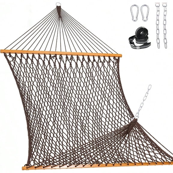 Lazy Daze Hammocks Double Rope Hammock 2 Person Traditional Outdoor Hand Woven Cotton Rope Hammock With Spreader Bar Chains Tree Straps For Patio Yard Max 450 Lbs Dark Brown