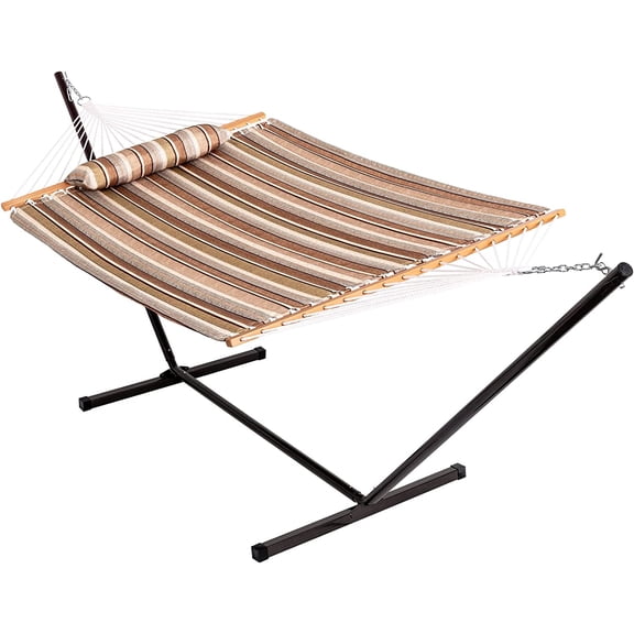 Lazy Daze Hammocks Quilted Fabric Hammock with 12 Feet Stand, 2 People Double Hammock with Stand for Outdoor Indoor Patio Garden Backyard, 450 lbs Capacity, Olive Green&Taupe Stripes