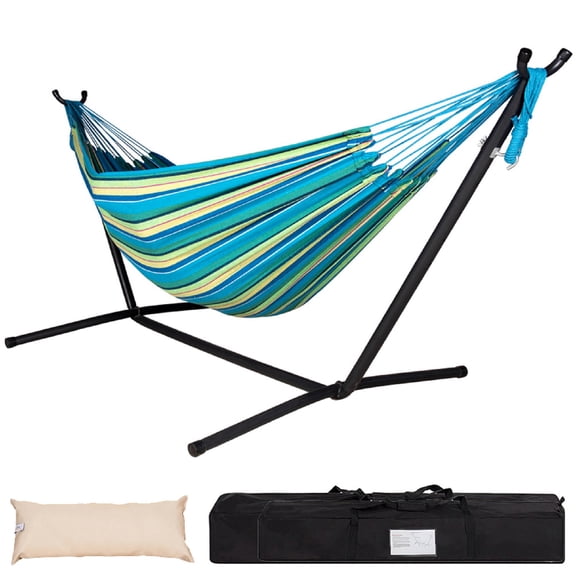Lazy Daze Heavy-Duty Double Hammock with Steel Stand - 450 lbs Capacity, Blue Outdoor/Indoor Hammock with Carry Case & Head Pillow, Space-Saving Design, Sturdy Steel Frame