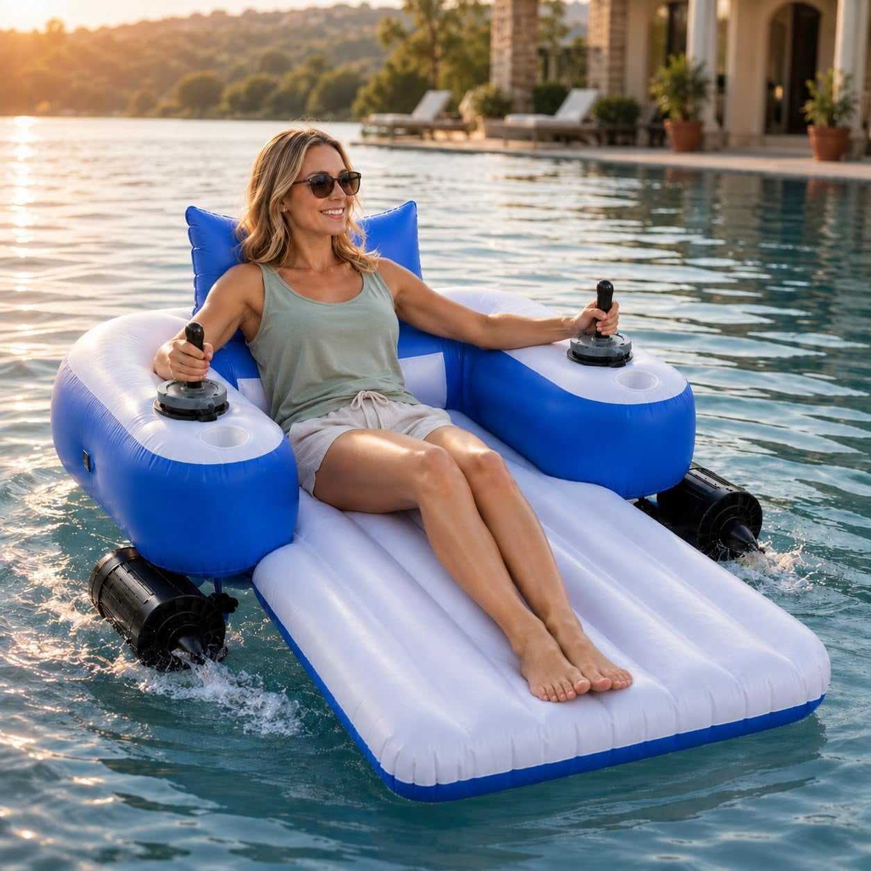 Lazy Floatie Motorized, 2026 Upgraded Motorized Inflatable Pool Float, with 360° Joystick Control, Single/Dual Motor Options, Water Lounger with Backrest Cup Holder for Beach Summer Party B