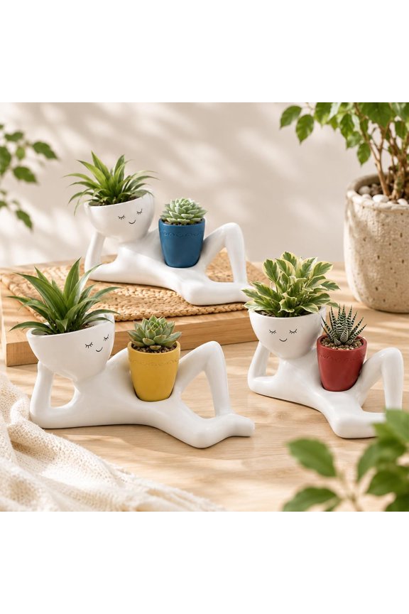Lazy Guy Planter, Funny Cute Succulent Plant Pot, Resin Relaxing Person Face Head Flowerpot Unique Bathroom Home Garden Decor, Character Body Vase Gift (2Pcs-Mixed A)