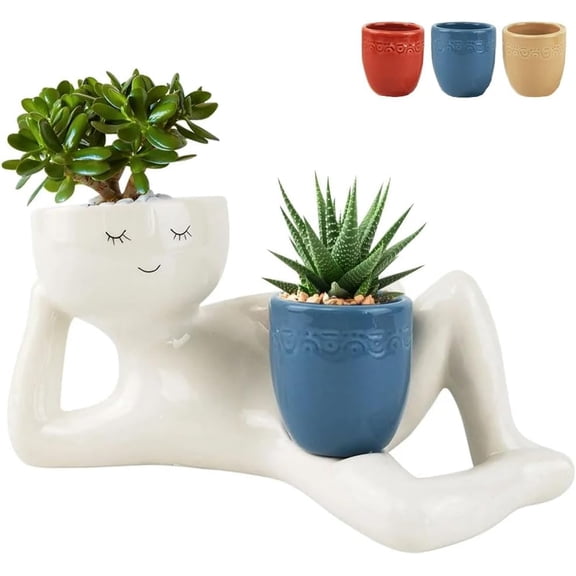 Lazy Guy Planter, Funny Lying Down Figure Planter, Unique Succulent Plantpots, Cactus Character Flower Pot, Funny Planters for Indoor Plants (Blue)